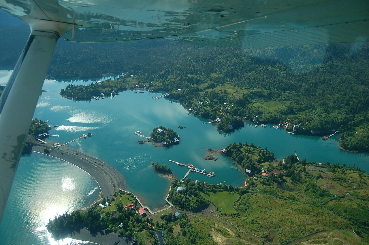 Aerial view of Halibut Cove, Alaska, July 2008