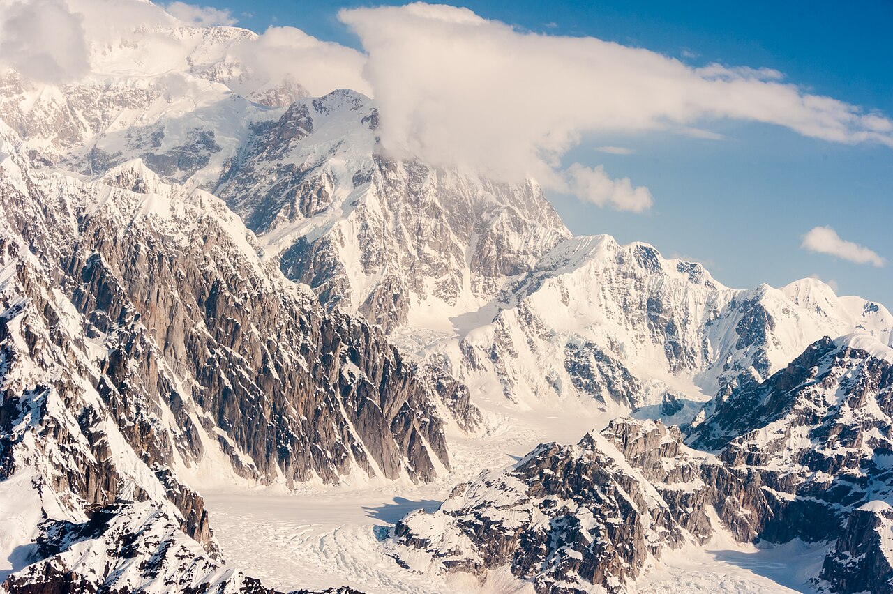 Alaska Mt Denali mountain range. The glacier range is shown here from 19,000ft