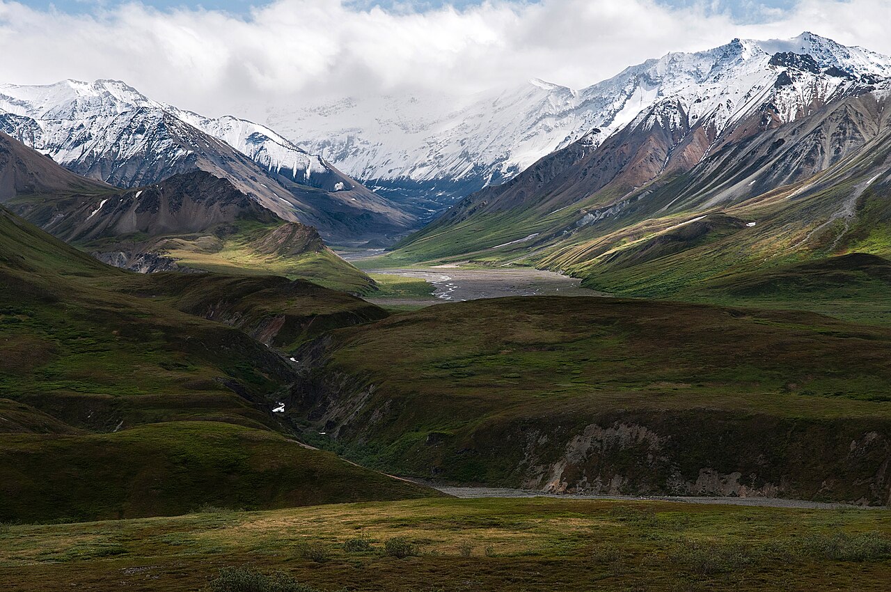 snow-capped mountains stand behind rolling green, tree-less hills
A view from near Eielson Visitor Center
Keywords: landscape