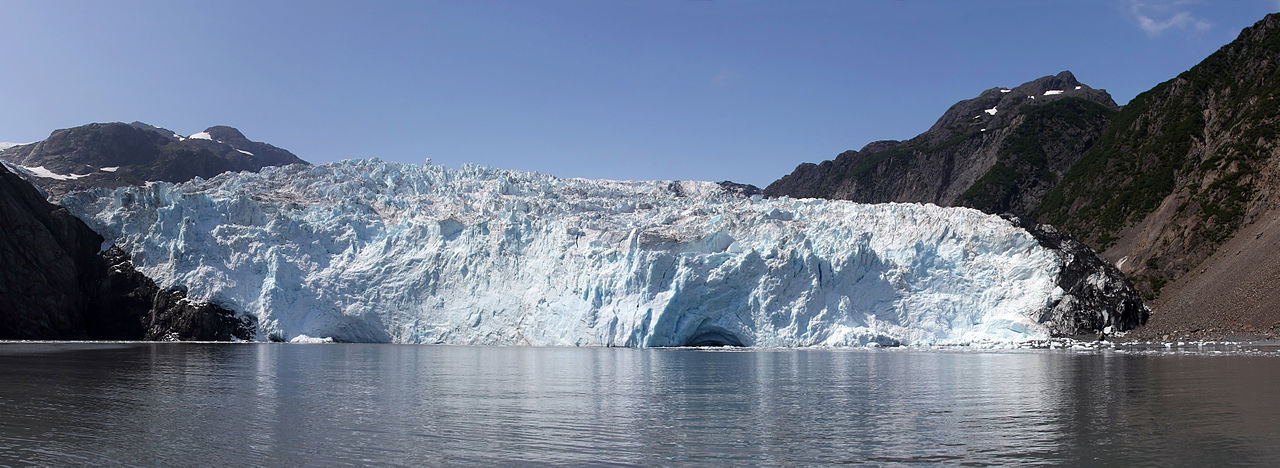The Aialik Glacier in Kenai Fjords National Park, Alaska. The glacier is about 1.3 km wide and over 70m above sea level. The image is a composite of 4 hand held vertical exposures.