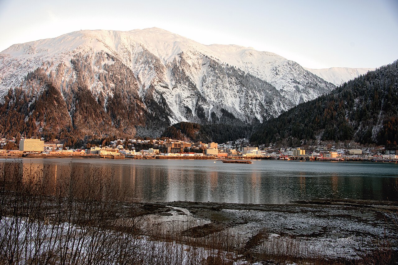 Winter sunrise over Juneau Waterfront, Southeast Alaska.