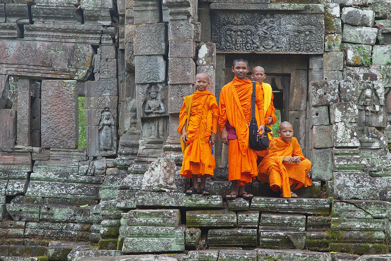 A group of monks at Preah Pithu U, Angkor, Siem Reap, Cambodia