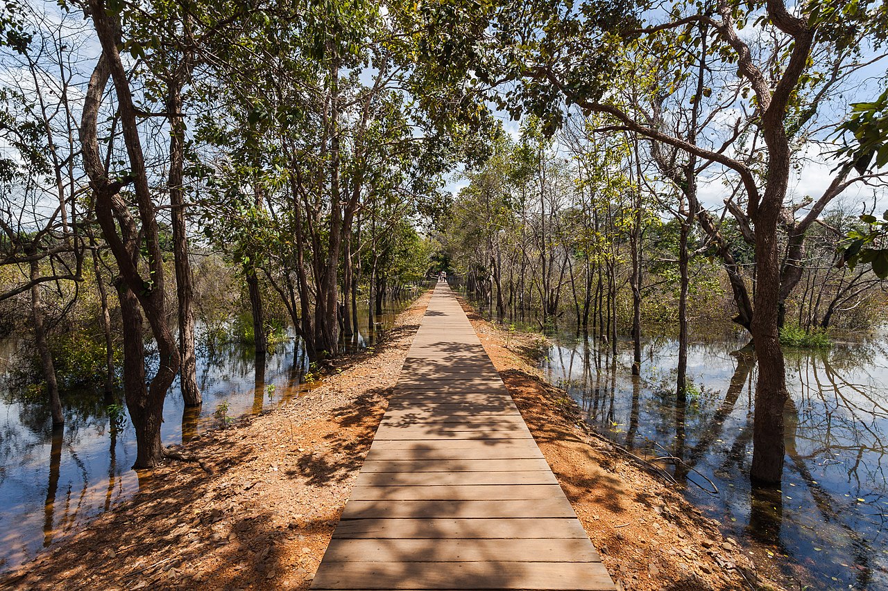Way over a pond to reach the Khmer temple of Neak Pean, an artificial island that belongs to the Angkor temple complex, located today in Cambodia. The buddhist temple Neak Pean, part of the temple Pre