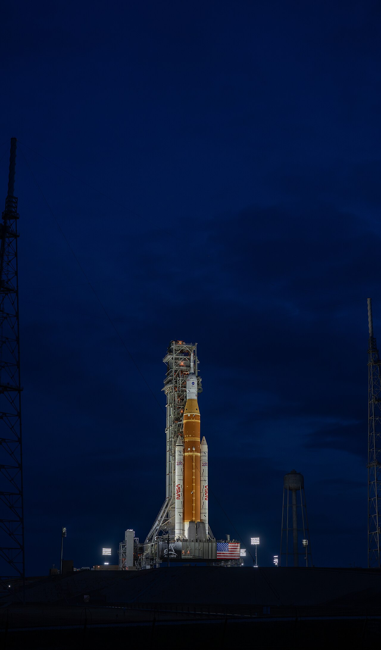 Artemis II SLS rocket at Launch Pad 39B at night, January 2026