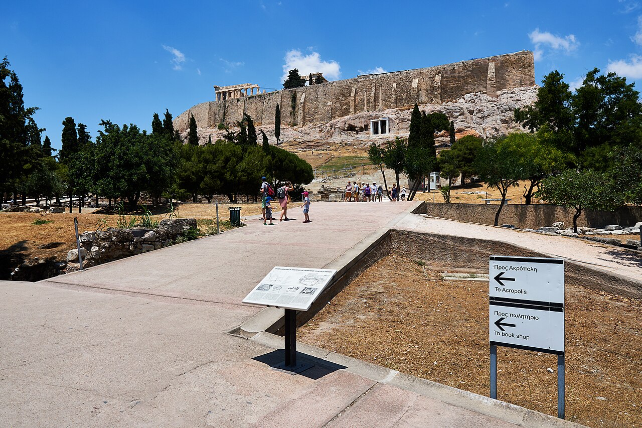 At the archaeological site of the Theatre of Dionysus in Athens. In the background the Acropolis.
