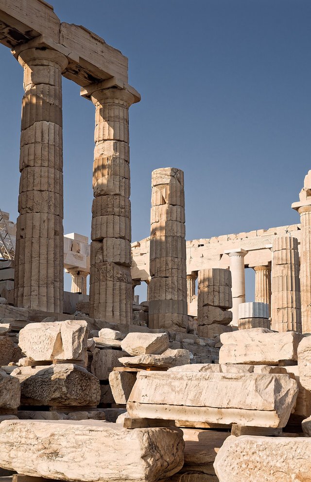 Ruins of the Parthenon, seen from the southwest corner, at the Acropolis, Athens, Greece