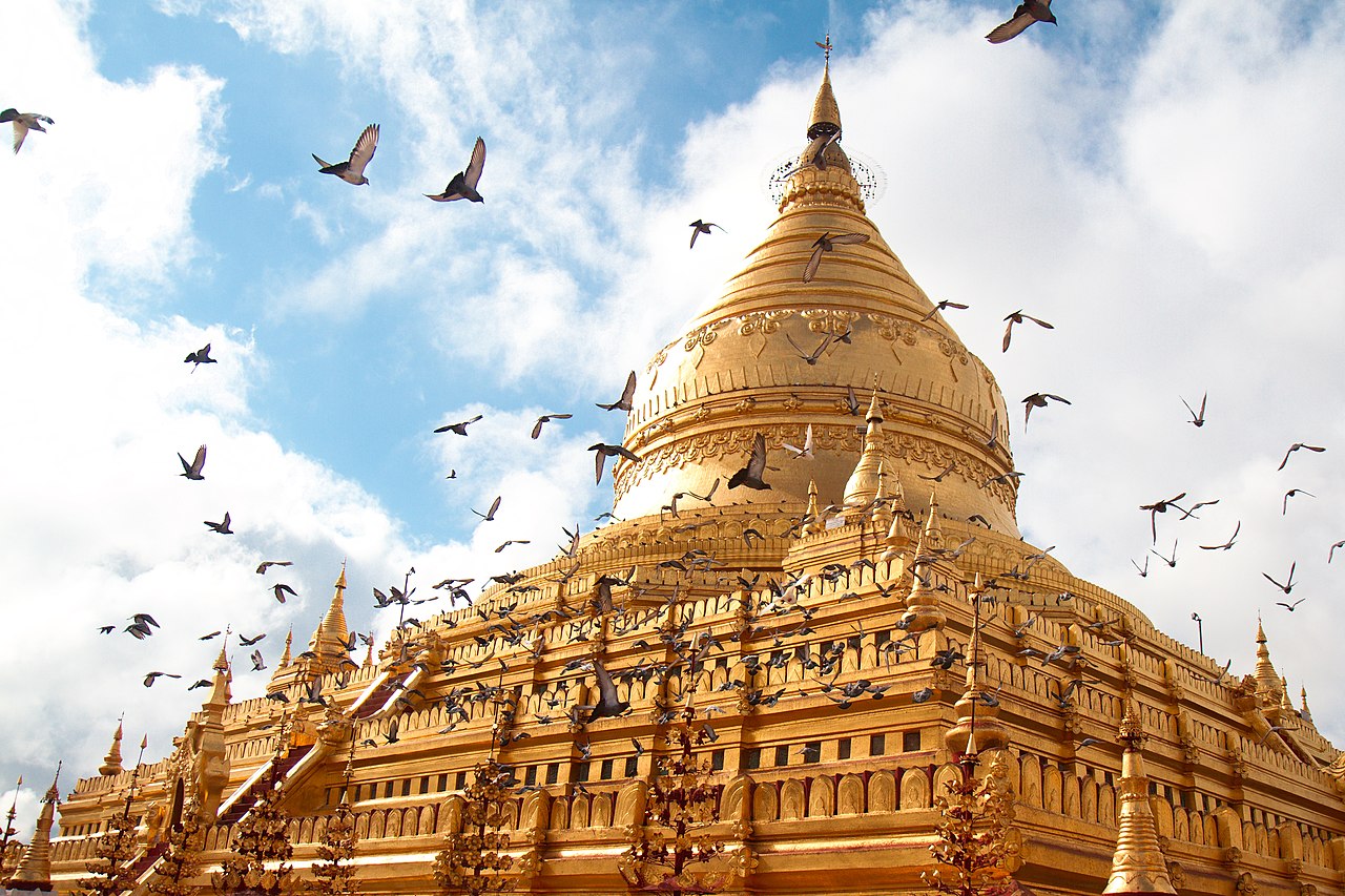 Lots of birds and gold. Shwezigon pagoda, Bagan.
