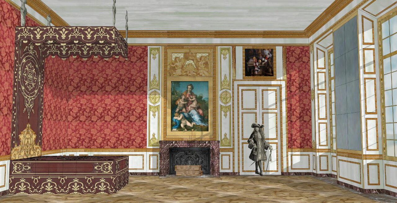 Proposition de restitution de la chambre de Louis XIV au château-vieux de Meudon, vers 1700.