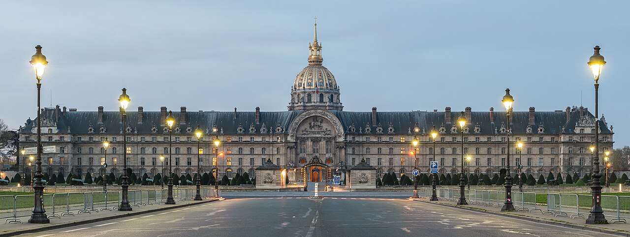 The north facade of the Hôtel des Invalides, seen at twilight