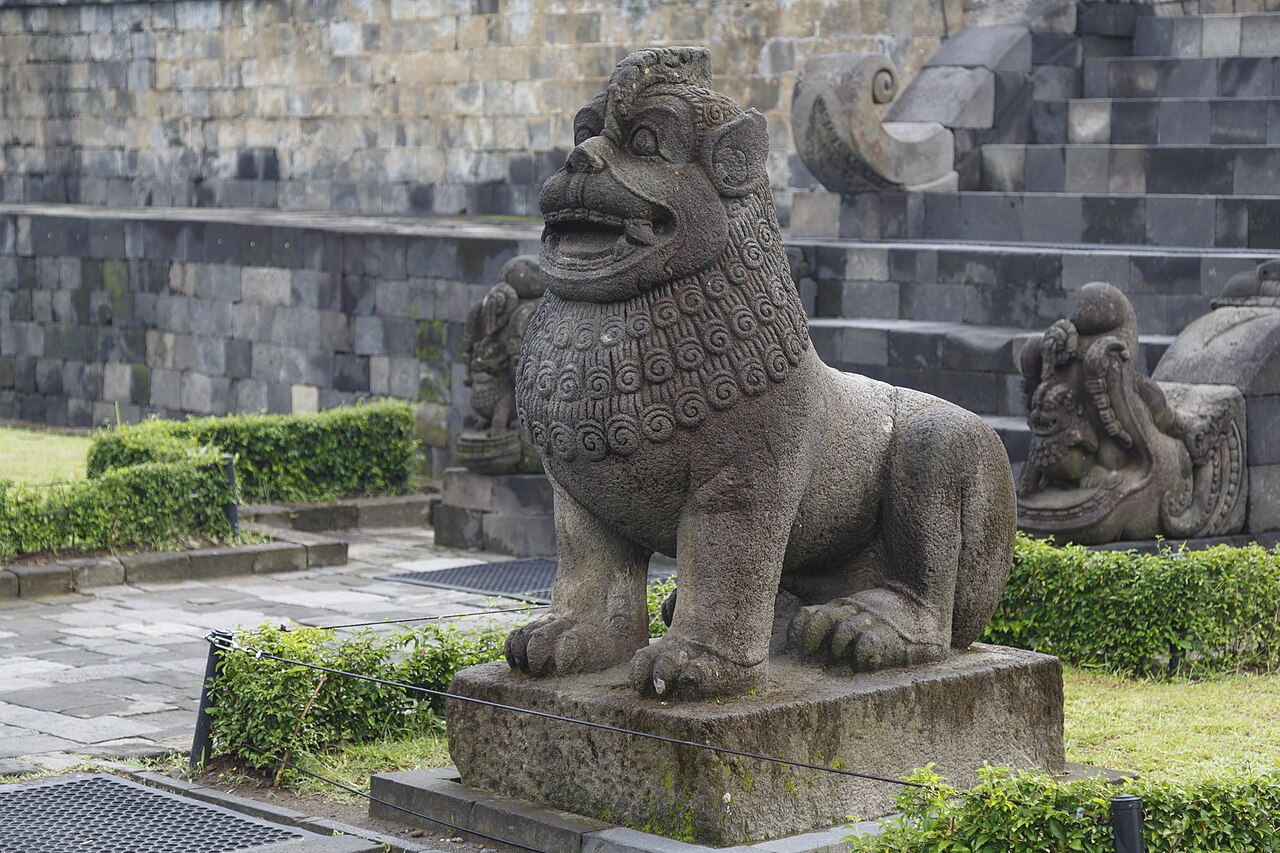 Borobudur temple Park, Indonesia: A lion guardian at the temple.
