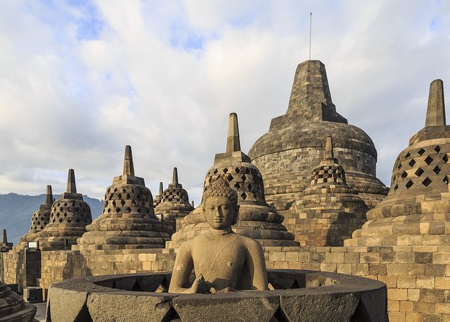 Borobudur temple Park, Indonesia: Open stupa at sunrise.