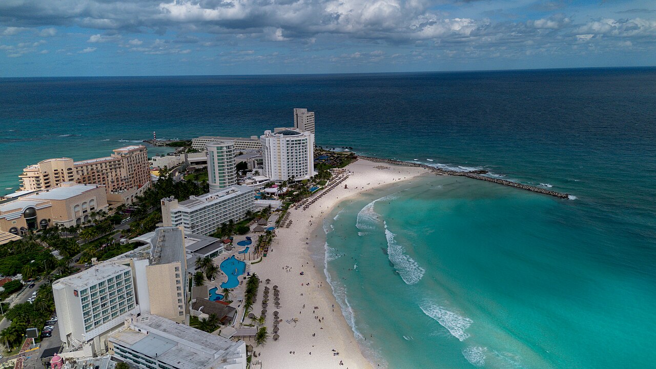 Aerial view of Punta Cancún from Gaviota Azul Beach, Cancun, Quintana Roo, Mexico.