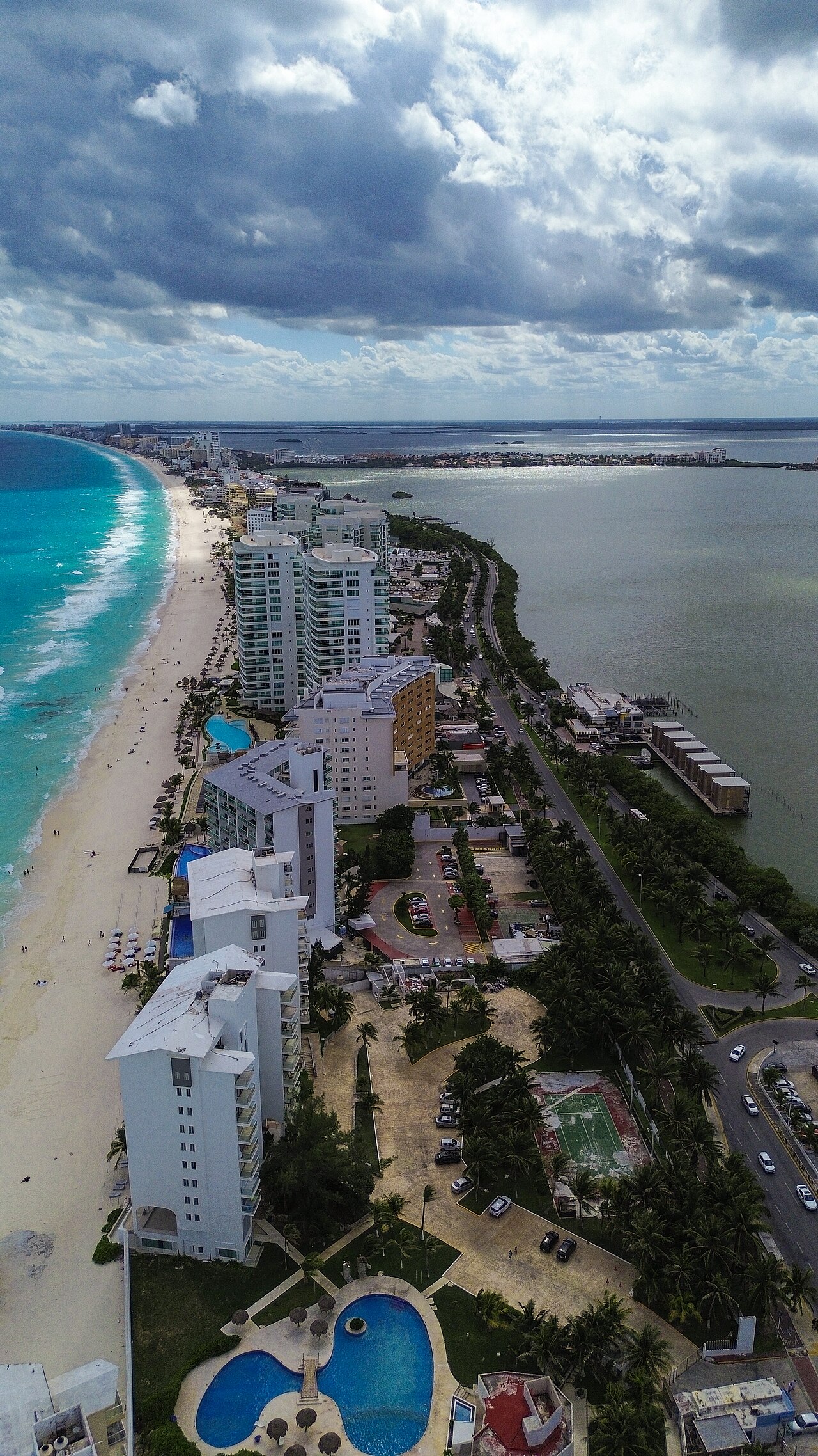 Hotel zone between the Caribbean Sea Coast and Cancun Lagoon.
Aerial view from Gaviota Azul Beach, Cancun, Quintana Roo, Mexico.