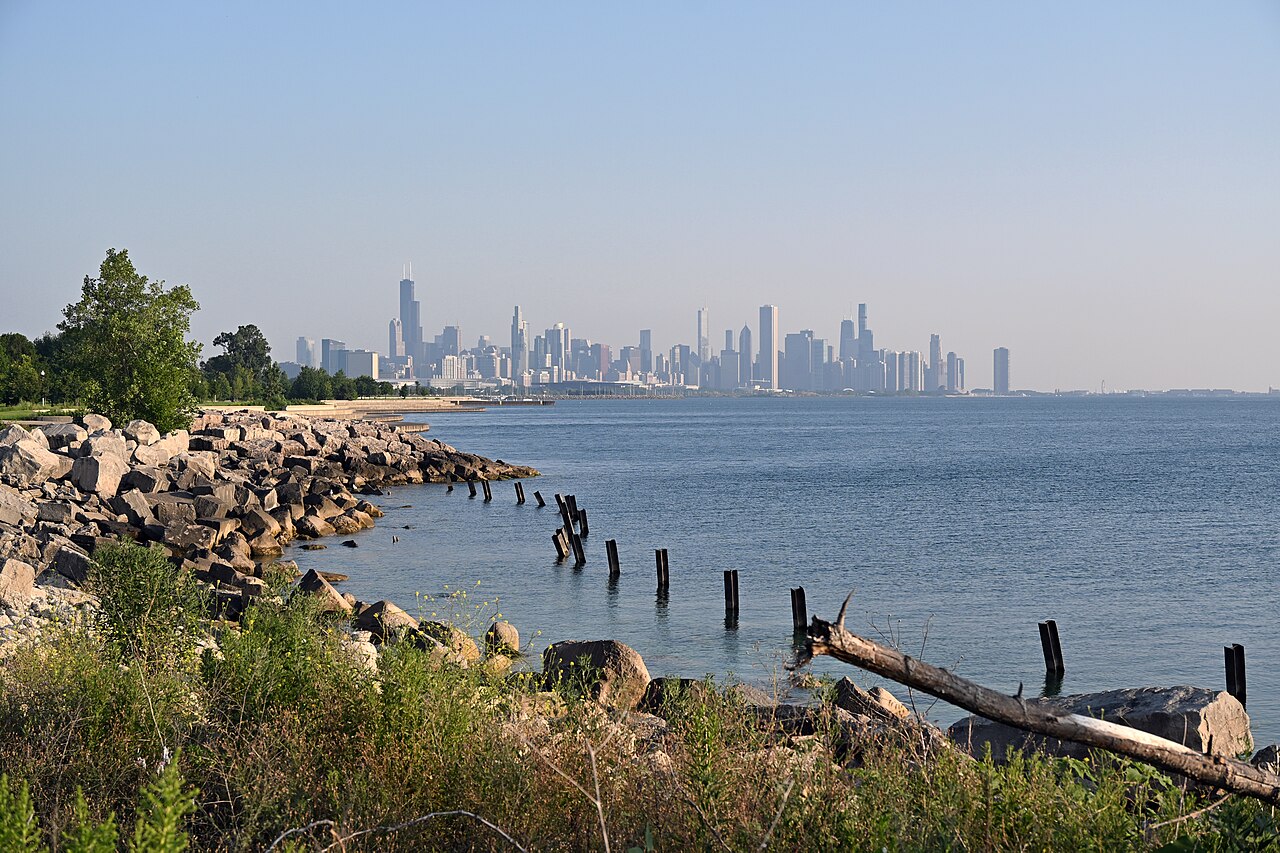 Morning view of the downtown skyline from near Morgan Point along Lakefront Trail, Chicago, 2025