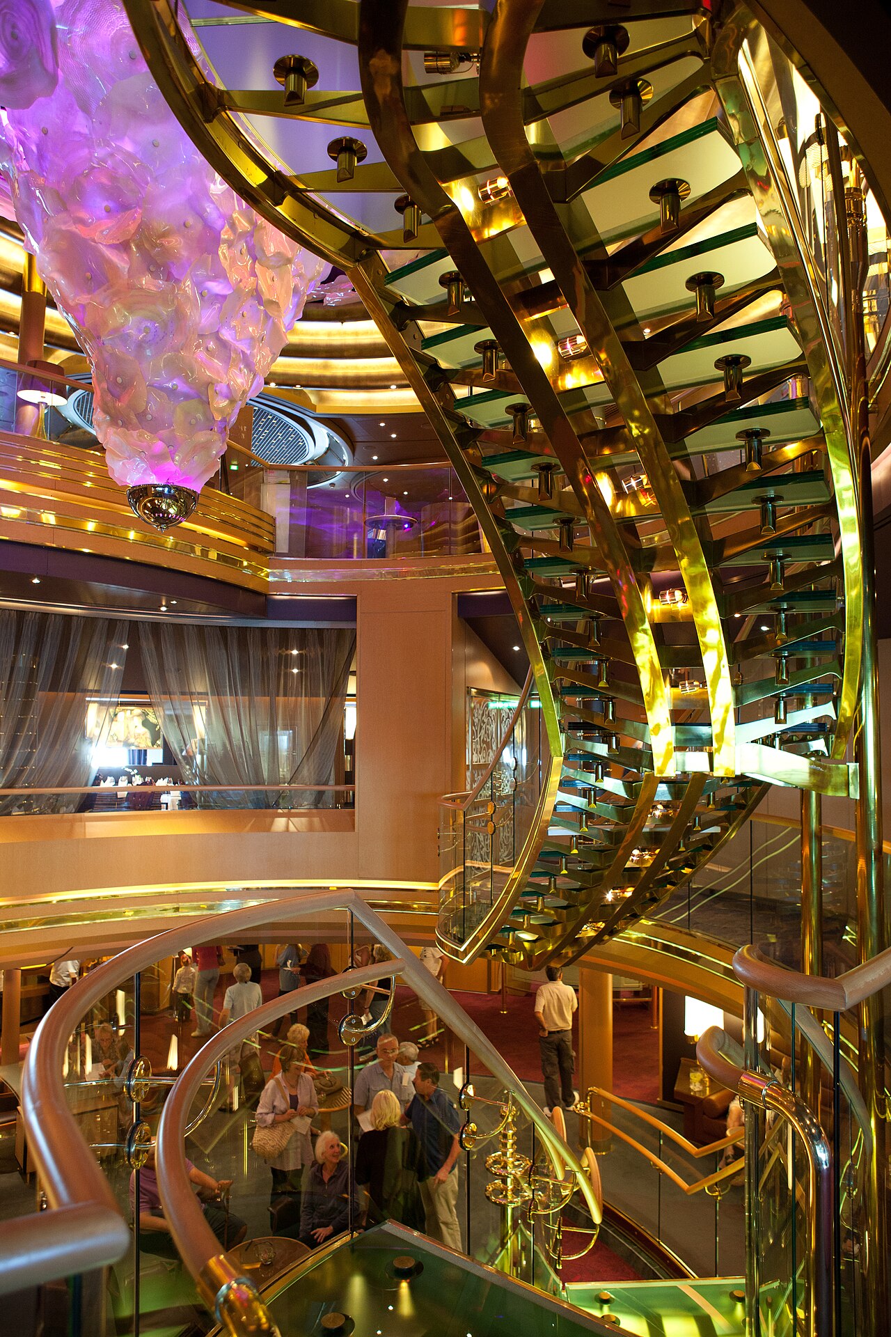 The spiral stair case of the atrium on the Eurodam, connecting decks 1, 2 and 3.