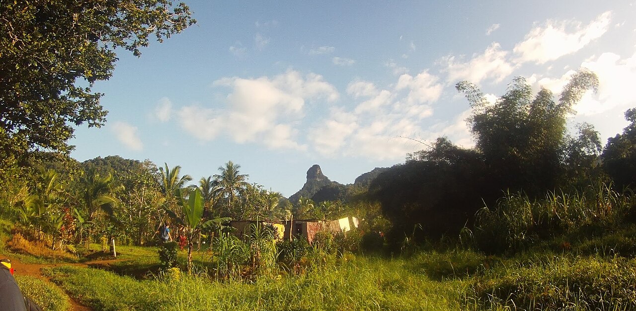 A panorama view of the Joske's Thumb volcanic plug on Viti Levu, Fiji. It is located within the Colo-i-Suva forest reserve.
