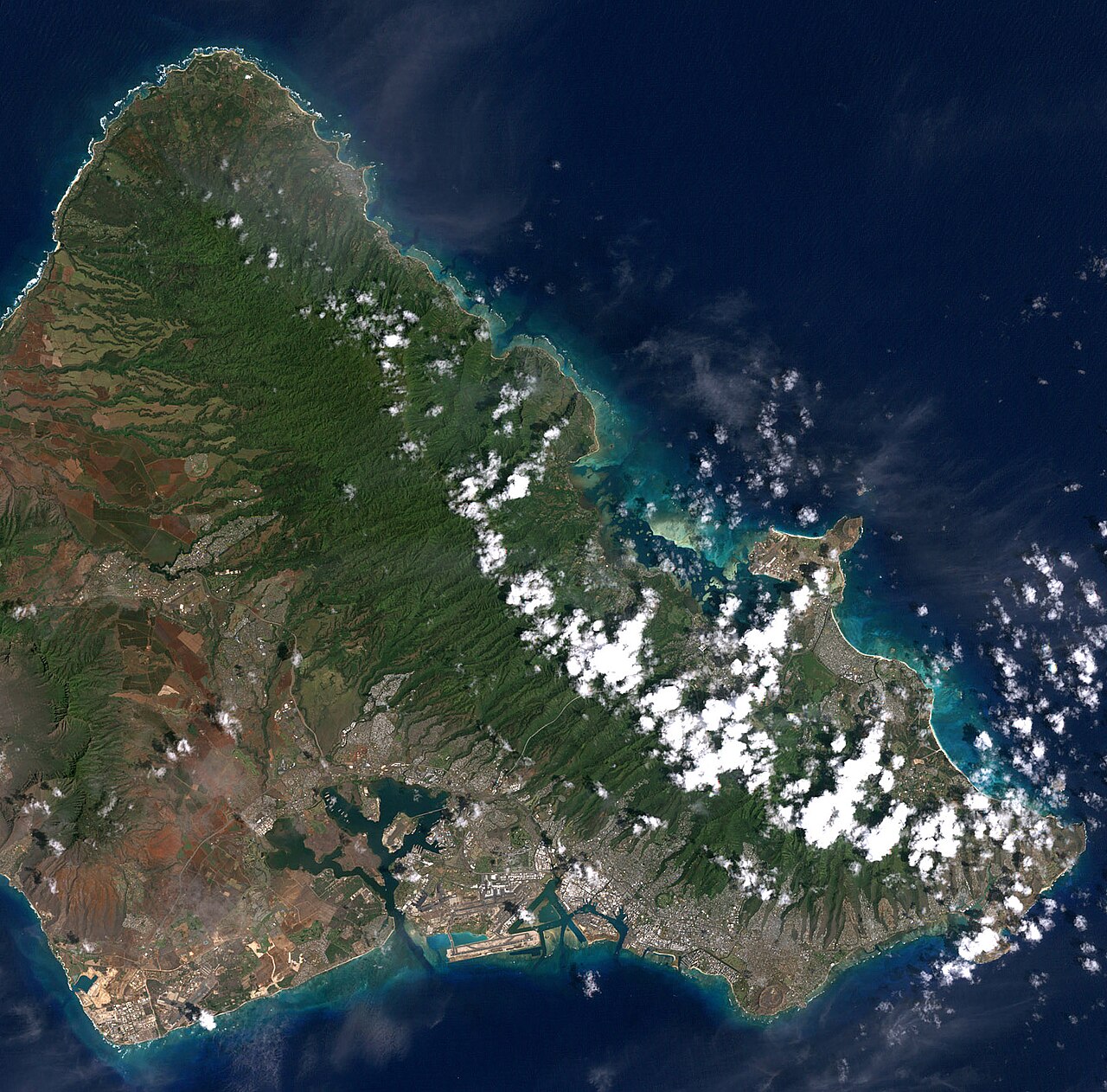 On the bottom lefthand side of the image is Pearl Harbor, site of the Japanese air raid which drew America into World War II. The harbor still serves as a U.S. Navy base.
Honolulu is one of the most e