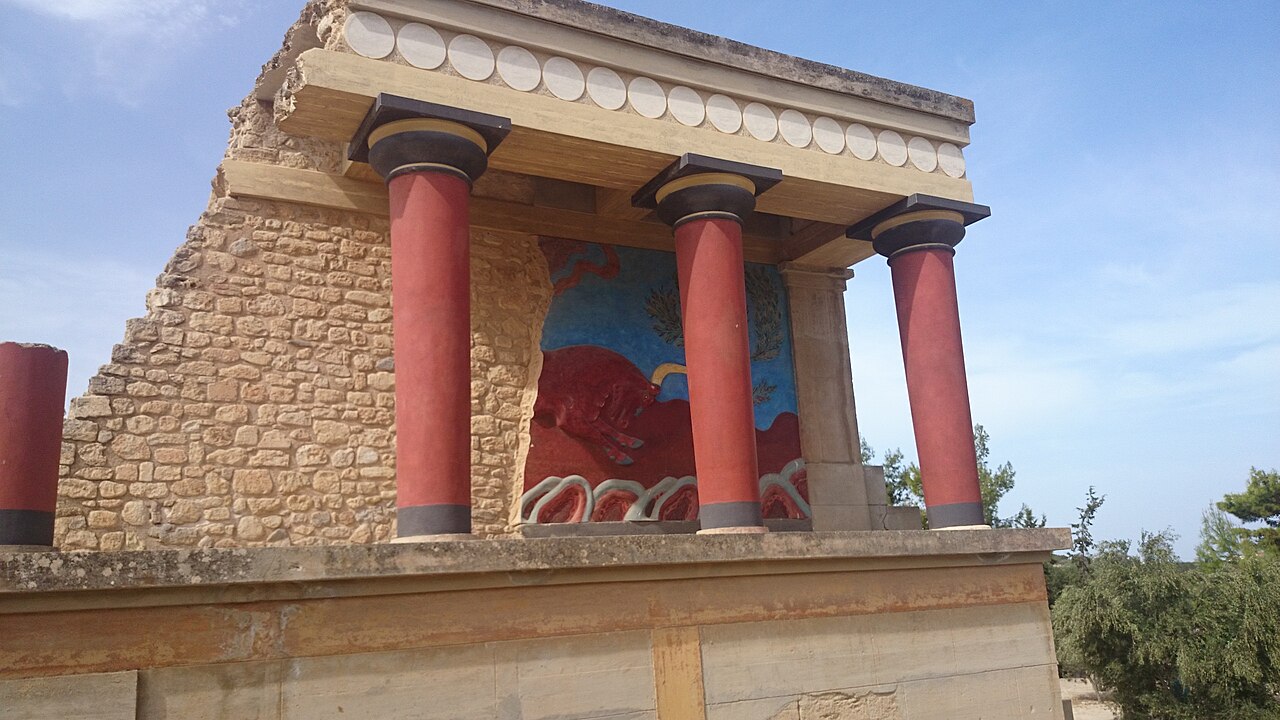 Knossos is a Minoan palace located on the island of Crete in Greece, and it is considered one of the most important archaeological sites in the Aegean. The palace was built around 2000 BC and was home