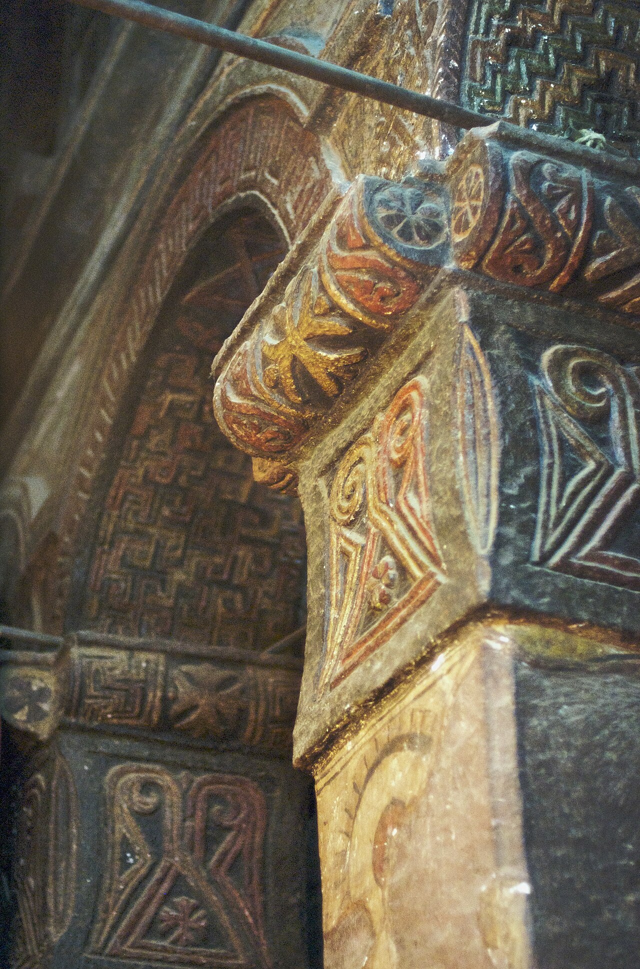 There's nothing austere or restrained about the decorative scheme on the interior surfaces in the 13th century Church of Bet Maryam.
Stylized leaves and flowers intermingled with complex and lively ge