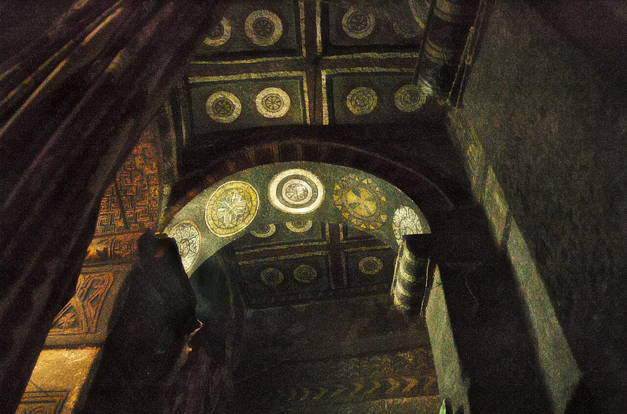 This photo gives an impression of the painted and carved decorations on the interior surfaces of the Church of Bet Maryam in Lalibela, Ethiopia.
Among the 13th century rock-hewn churches in Lalibela, 