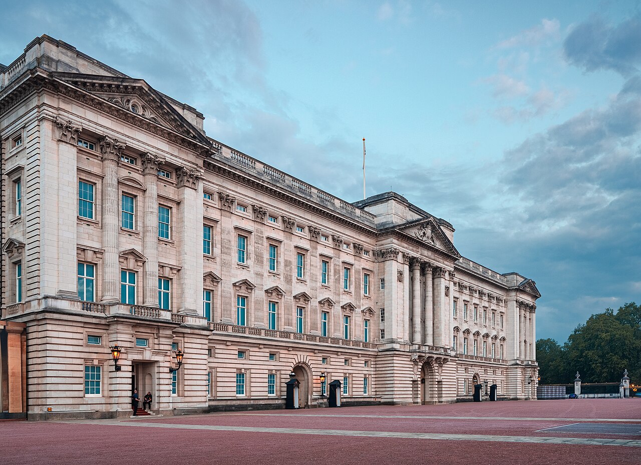 Buckingham Palace seen from the southeast, in early morning light.