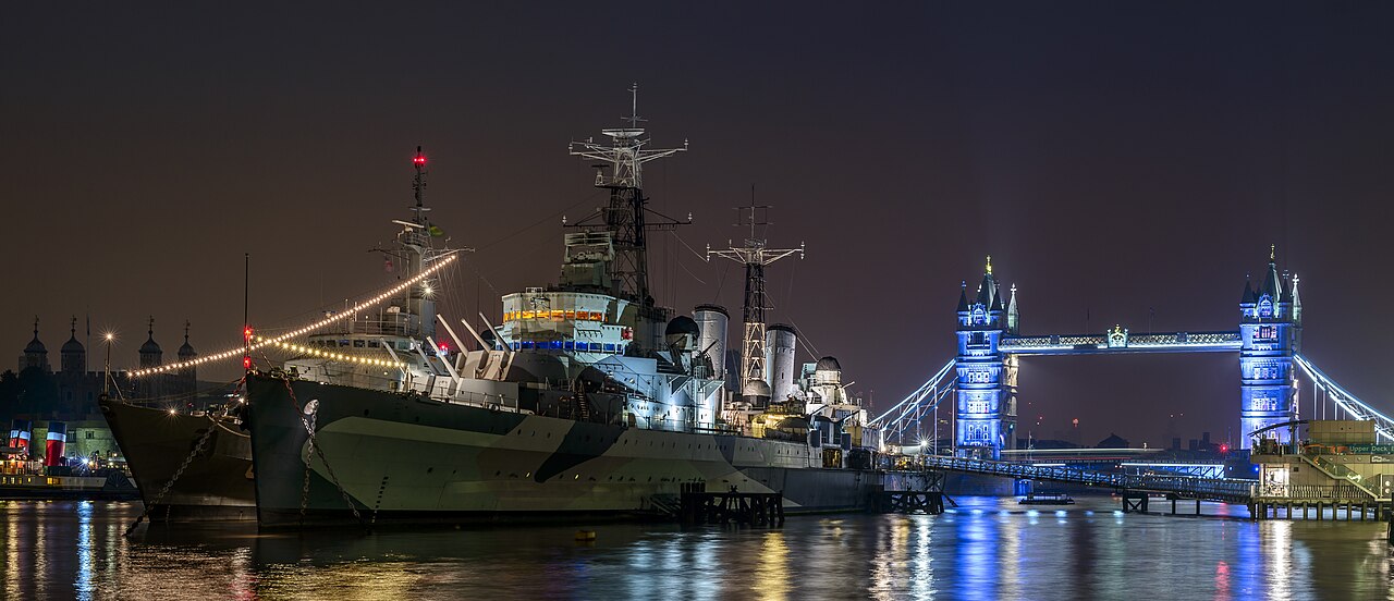 HMS Belfast and Tower Bridge before sunrise