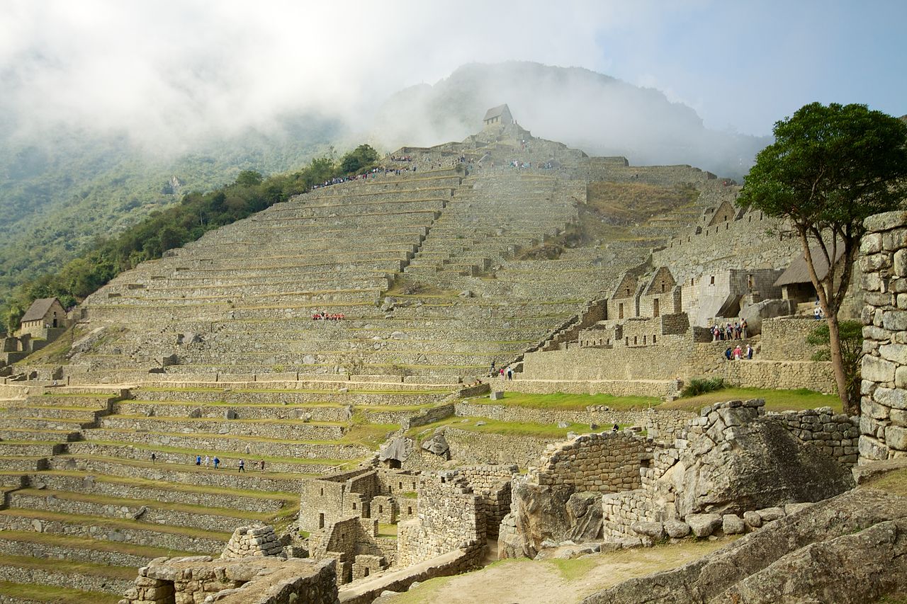 Looking back up from the main site at the southern agricultural terraces with the House of the Guardian of the Funerary Rock on top and Machu Picchu Mountain behind.