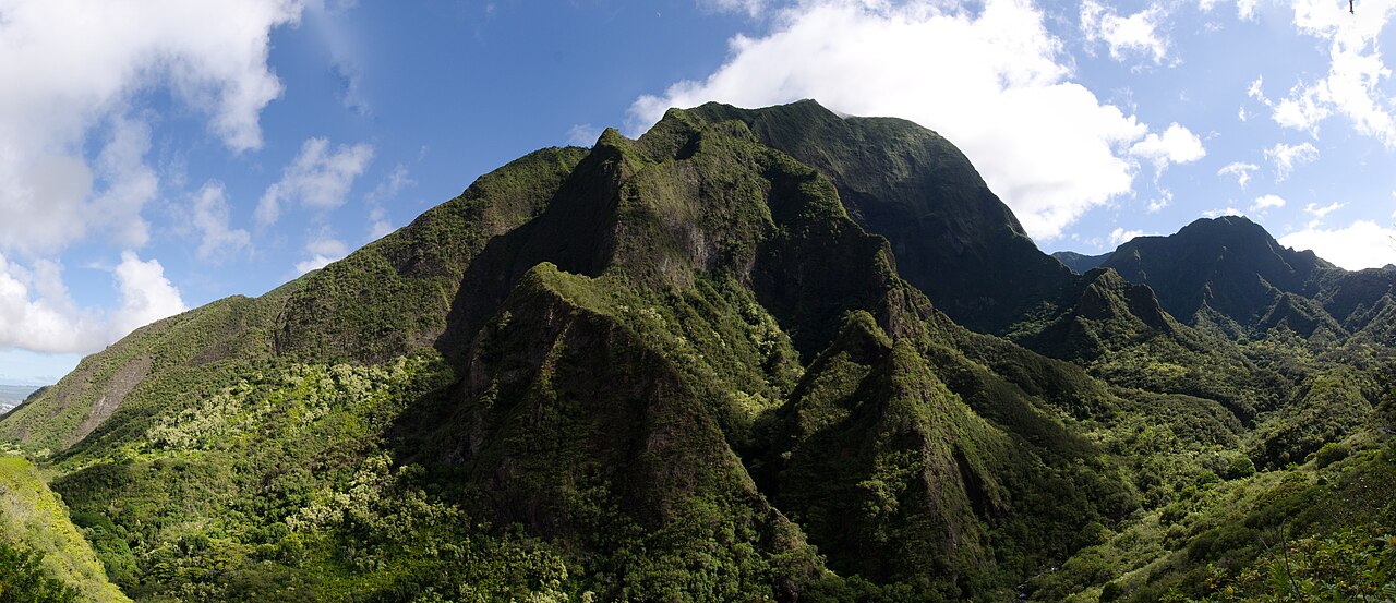 Panorama taken in Iao Valley, Maui, Hawaii. Cropped out black space and sky from original.
