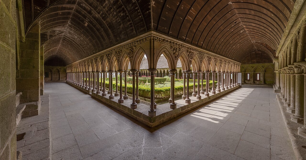 Cloisters of the abbey of Mont Saint-Michel, in Manche department, Normandy, France. This picture was created by stitching 57 frames (3 different exposures sets of 19 frames) with Hugin, was rendered 