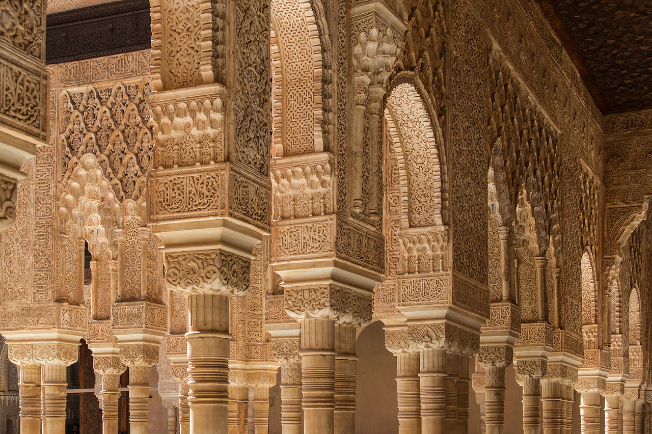 Columns and arches in the Patio de los Leones, Alhambra, Granada, Andalusia, Spain