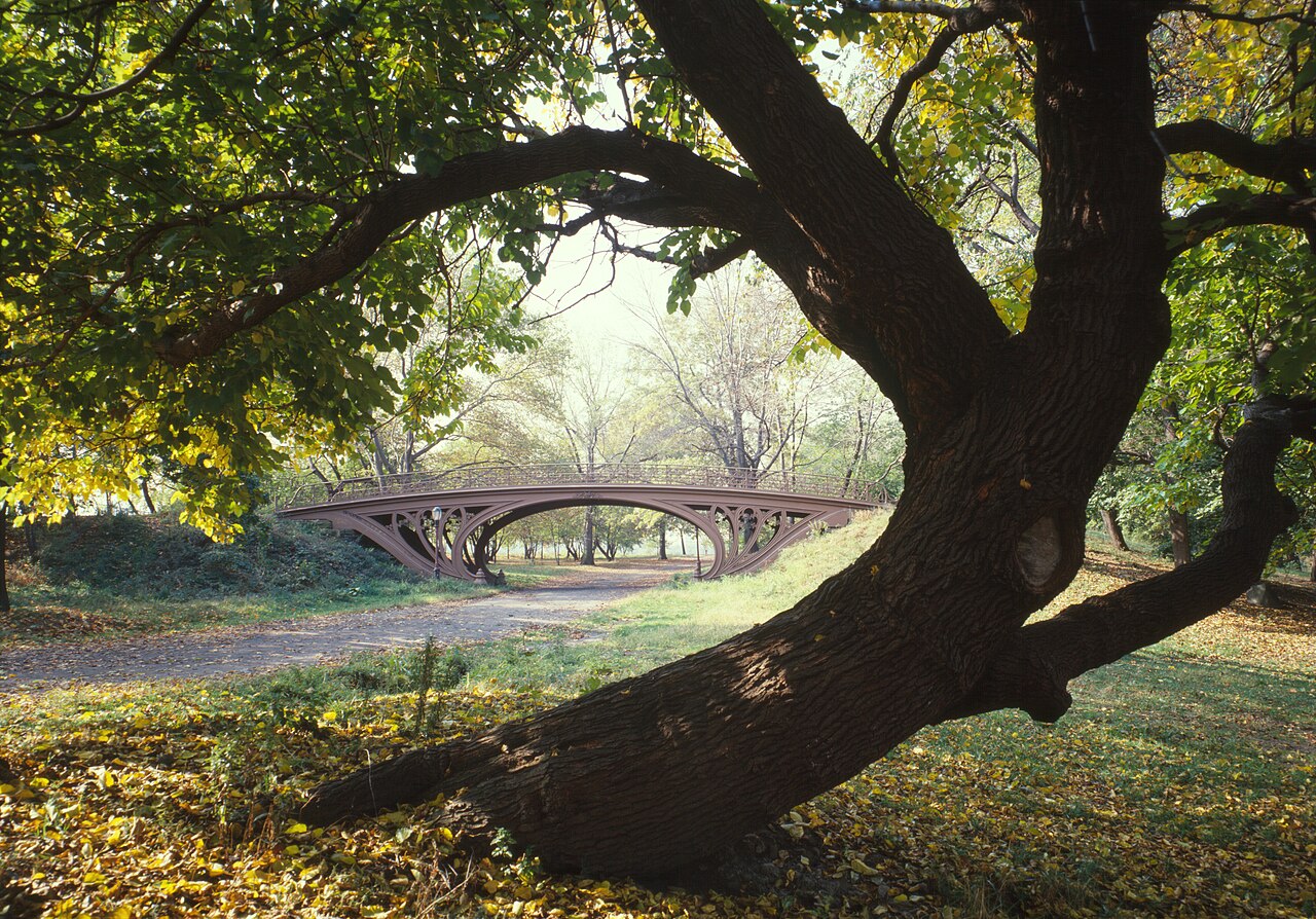 Central Park Bridges (view from Bridlepath looking southwest), Gothic Arch, Spanning bridlepath south of tennis courts, north of reservoir, New York City, New York County, NY