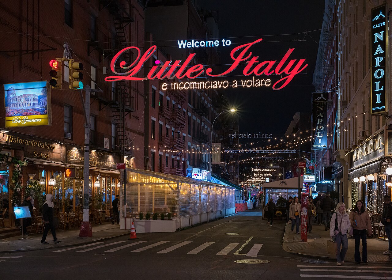 Mulberry Street in Little Italy, New York City, at night on March 6, 2023