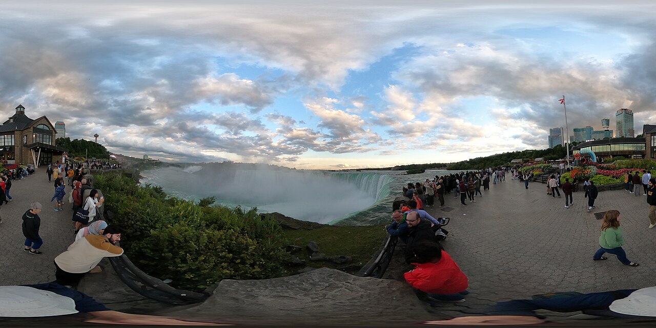 A 360 degree photo of the top of Horseshoe Falls and the Niagara River with American Falls in the far distance. From Table Rock, Niagara Falls, Canada.