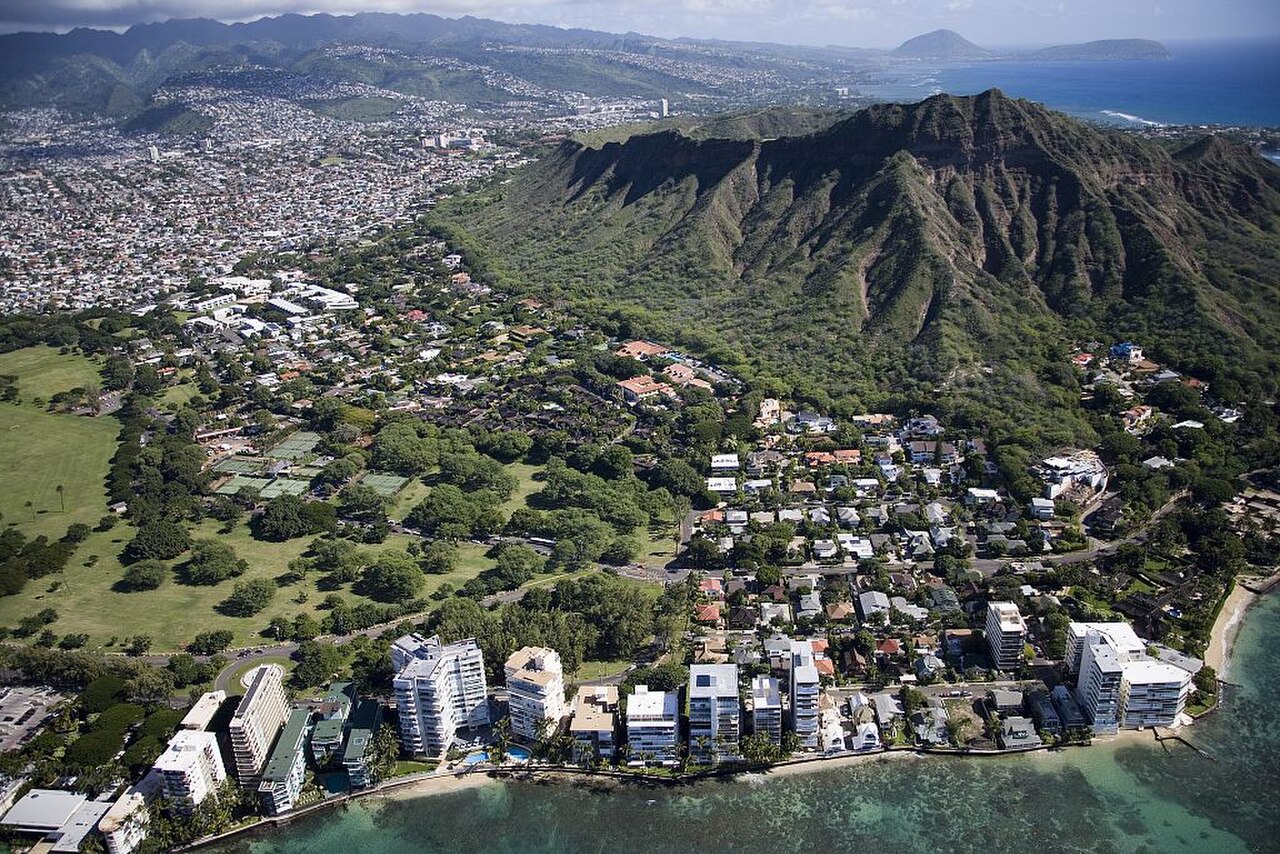 color photo Aerial view of Waikiki Beach and Honolulu, Hawaii