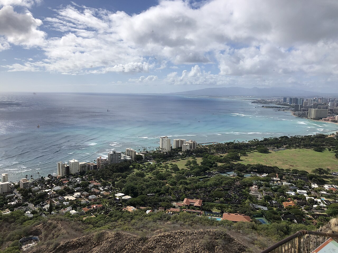 View west towards Waikiki from the summit of Diamond Head within Diamond Head State Monument in Honolulu, Oahu, Hawaii