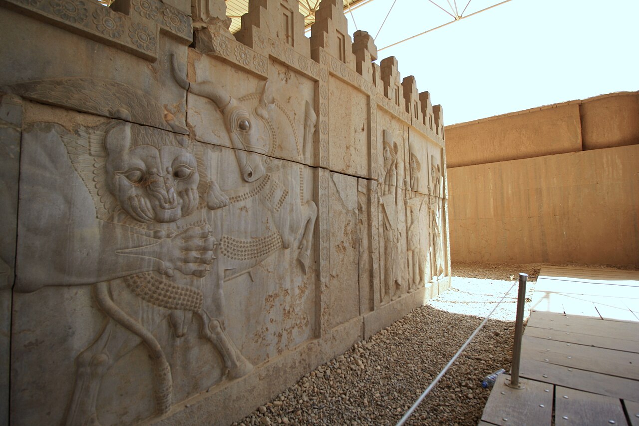 Bas-relief in Persepolis depicting a lion attacking a bull, a Zoroastrian symbol for Nowruz