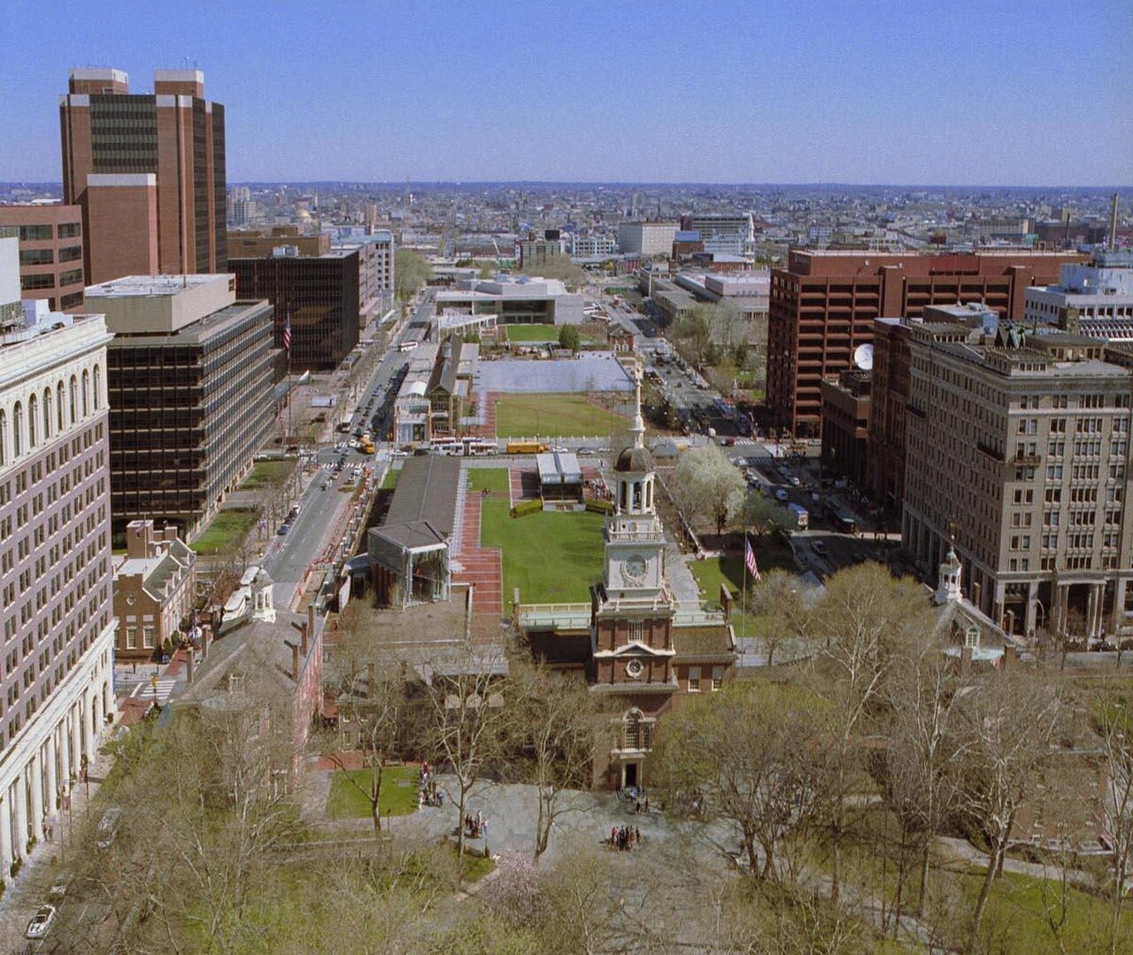 Overhead view of Independence Mall with Independence Square in the foreground in Independence National Historical Park, located in Philadelphia. Cropped.