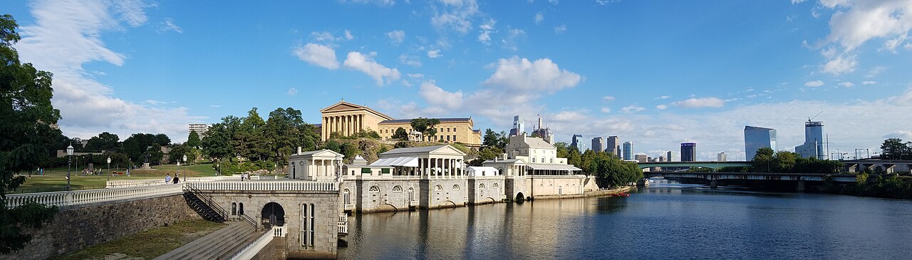 Panoramic view of the Fairmount Water Works on the Schuylkill River and the Philadelphia Skyline