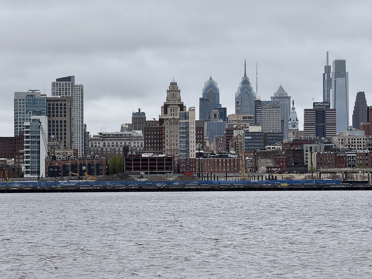 View west across the Delaware River towards Center City Philadelphia from the Camden Waterfront in Camden, Camden County, New Jersey