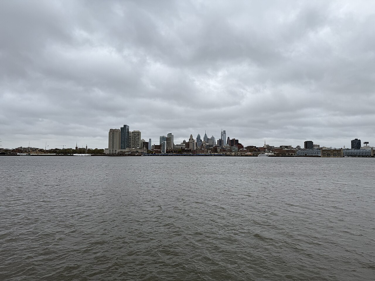 View west across the Delaware River towards Center City Philadelphia from the Camden Waterfront in Camden, Camden County, New Jersey