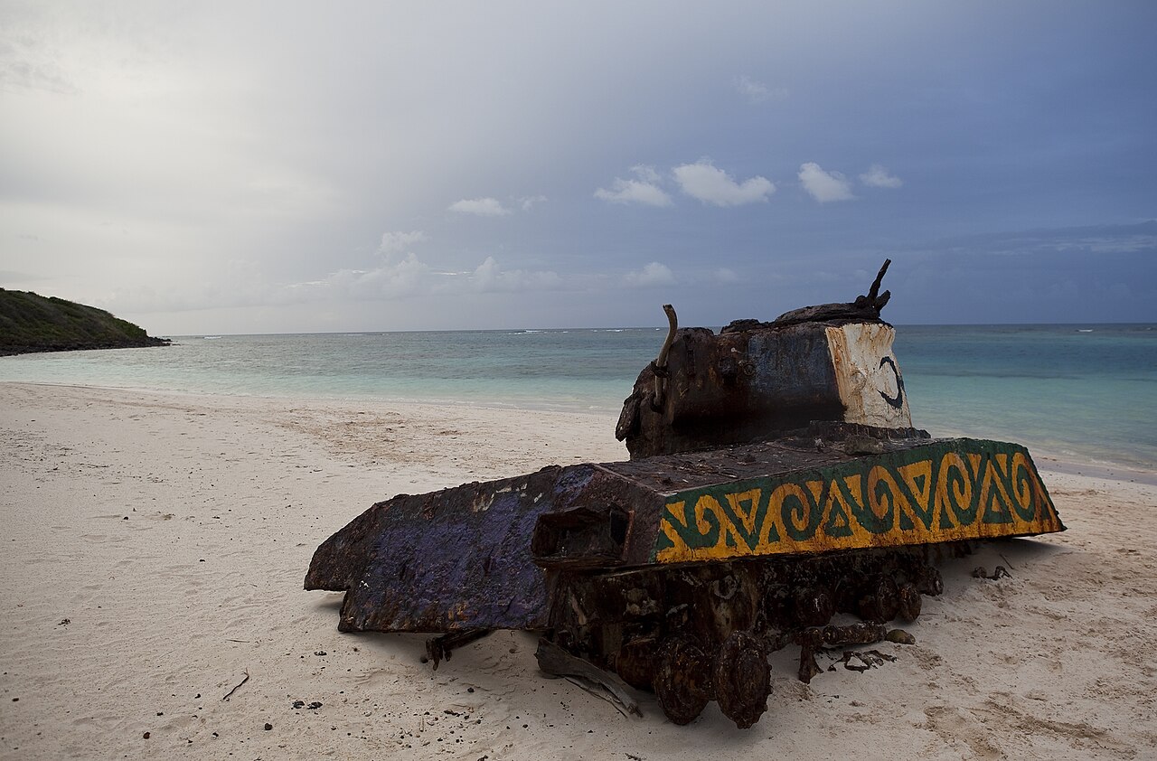 Tank on Flamenco Beach in Culebra, Puerto Rico at sunset.
