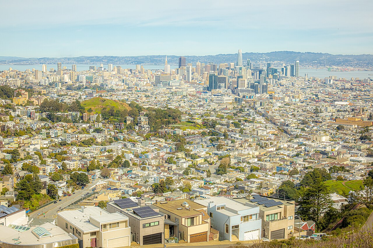 A panorama of the San Francisco City Skyline, with Oakland and Palo Alto in the background. Taken from Twin Peaks, above Castro. February 2025.