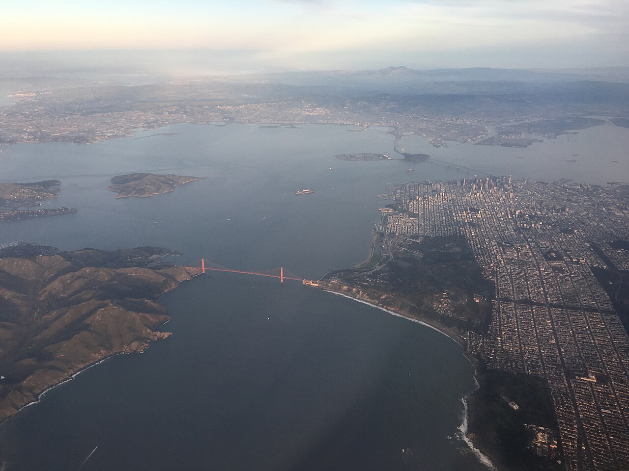 Aerial photo of San Francisco Bay and Golden Gate Bridge