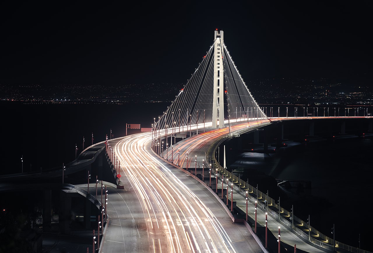 Eastern span of the San Francisco Oakland Bay Bridge at night as seen from Yerba Buena Island.