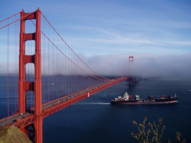 Golden Gate Bridge, San Francisco Bay, Yang Ming Line freighter YM America.