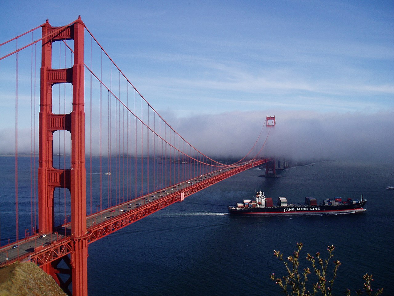 Golden Gate Bridge, San Francisco Bay, Yang Ming Line freighter YM America.