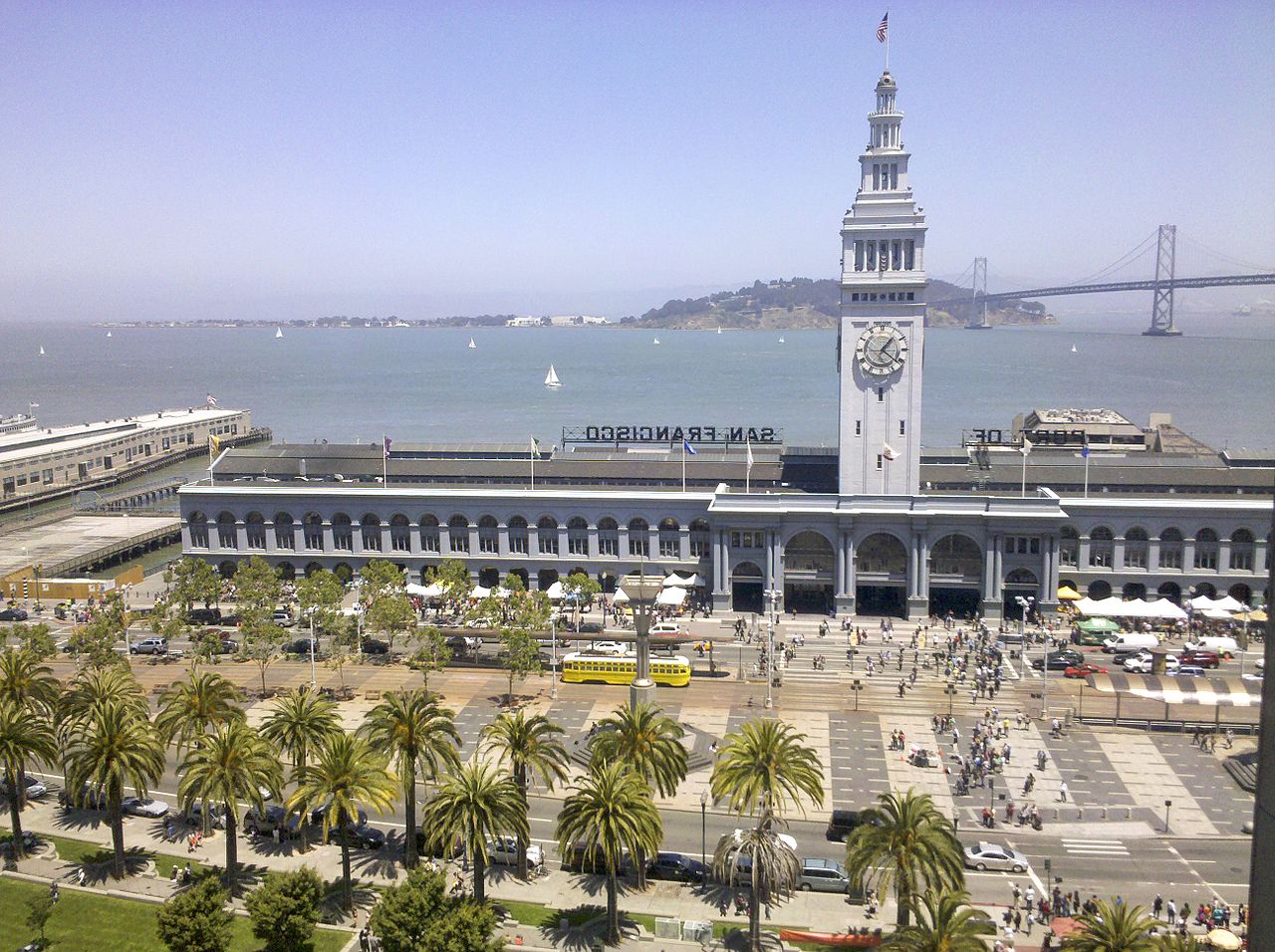 The Ferry Building and Embarcadero in San Francisco, with San Francisco Bay and the Bay Bridge in the background