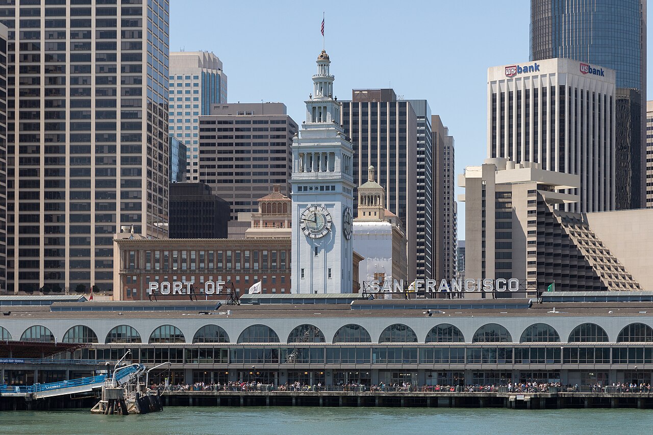 The San Francisco Ferry Building's clock tower as seen from the North