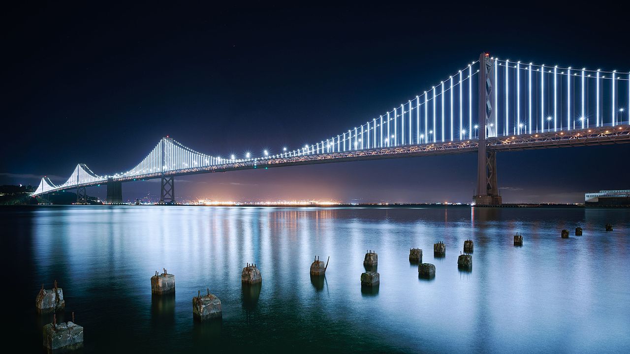 The western span of the San Francisco Bay Bridge at night.