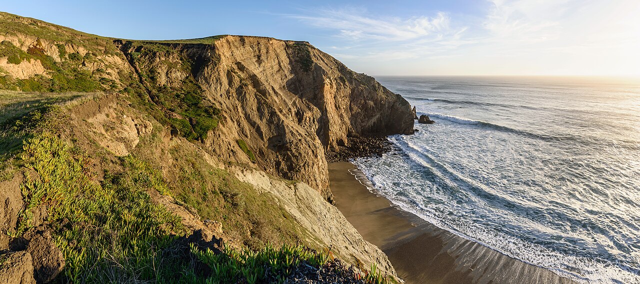 Three-segment panorama of Chimney Rock headlands from Chimney Rock Trail, Point Reyes National Seashore, California.